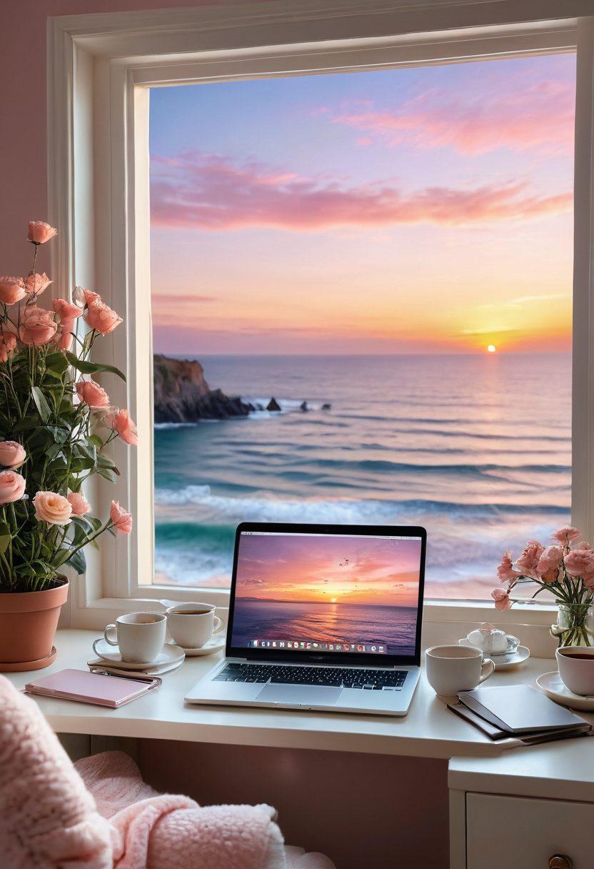 A cozy virtual desktop featuring a beautifully designed digital workspace adorned with romantic elements like heart-shaped icons, soft pastel colors, and gentle ambient lighting. Include a serene background of a sunset over a tranquil ocean, a steaming cup of tea, and subtle floral accents. The overall atmosphere should evoke warmth, affection, and creativity. super-realistic. vibrant colors. soft focus.