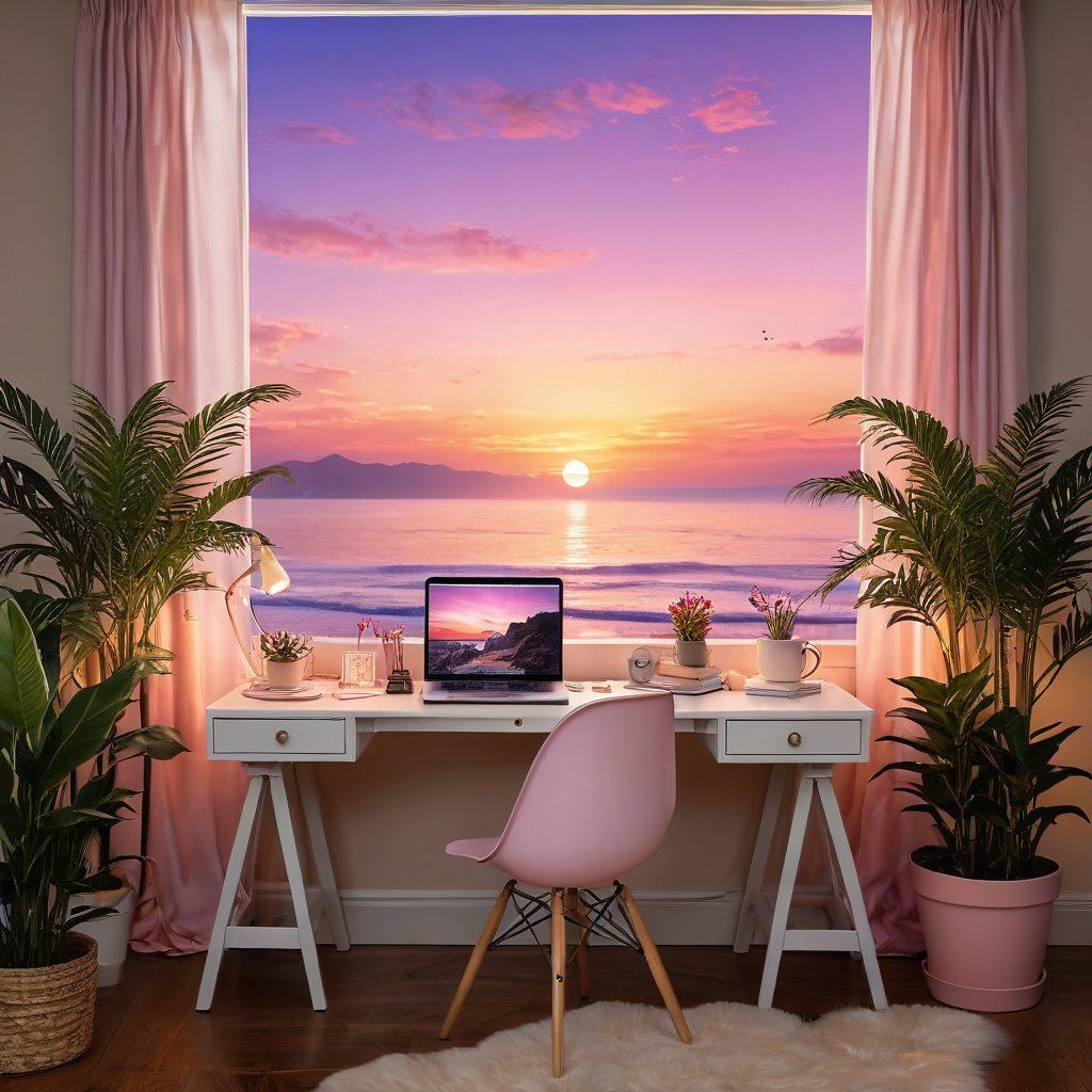 A cozy virtual workspace adorned with romantic elements, featuring a dreamy sunset over a tranquil beach as a desktop background, soft pinks and purples blending into the horizon. Include a comfortable chair and a vintage desk with a laptop displaying heart-themed icons, surrounded by delicate fairy lights and potted plants. The atmosphere should evoke feelings of warmth and love, inviting creativity in a serene setting. super-realistic. vibrant colors. warm lighting.